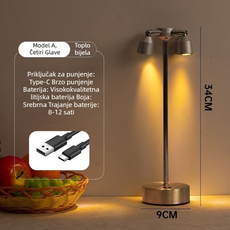 Lampa za barovu atmosferu na stol, dvostruka glava, visok stup reflektora, punjiva