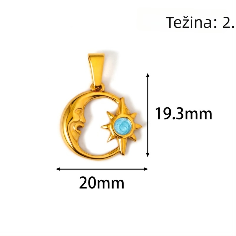 Nerđajući čelik medaljon sa suncem, mjesecom i zvijezdom te osmerokutnom zvijezdom u geometrijskom dizajnu, pozlaćen 24K za DIY nakit