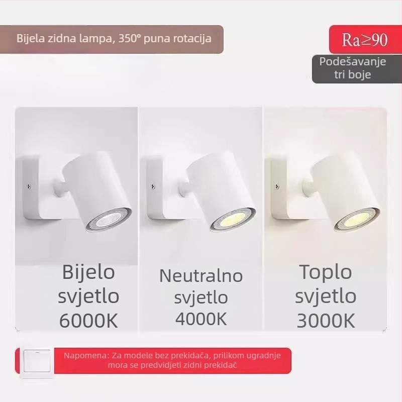 Skandinavska zidna lampica za čitanje uz krevet, minimalistički dizajn, prilagodljiv kut, LED