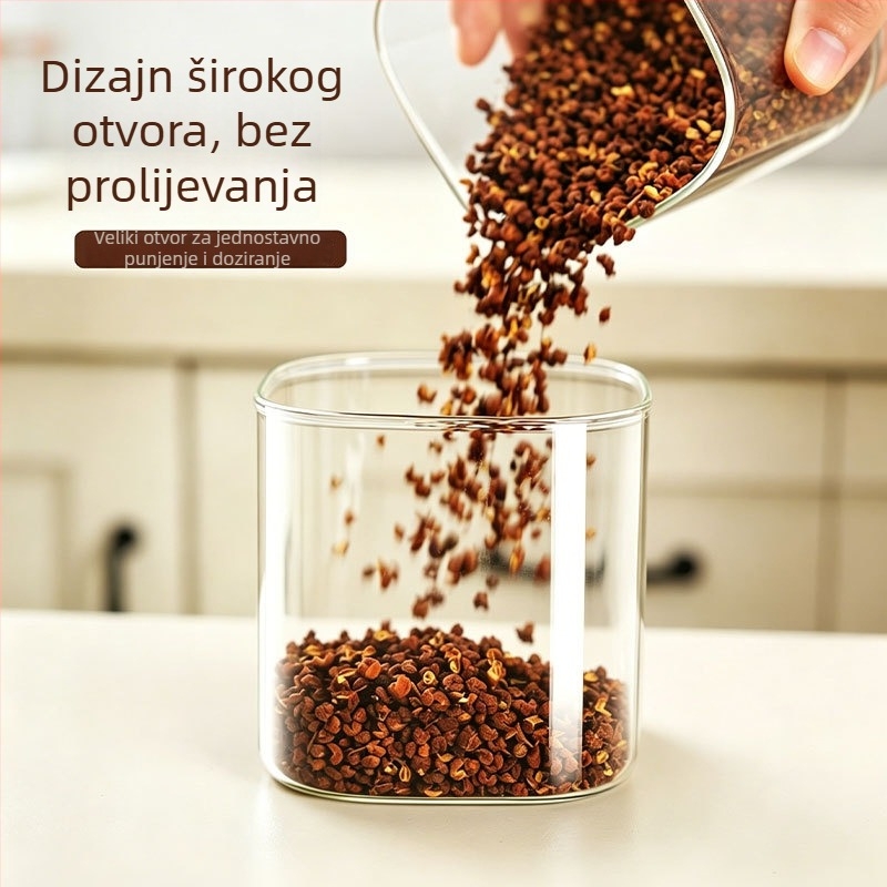 Staklena kutija za začine, kvadratne staklene teglice s hermetičkim zatvaranjem i zaštitom od vlage, proziran sadržaj