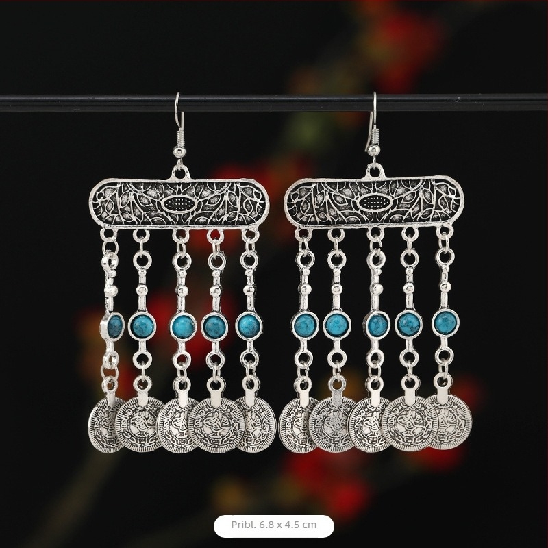 Duge etno naušnice s antiknim srebrnim novčićima i resama