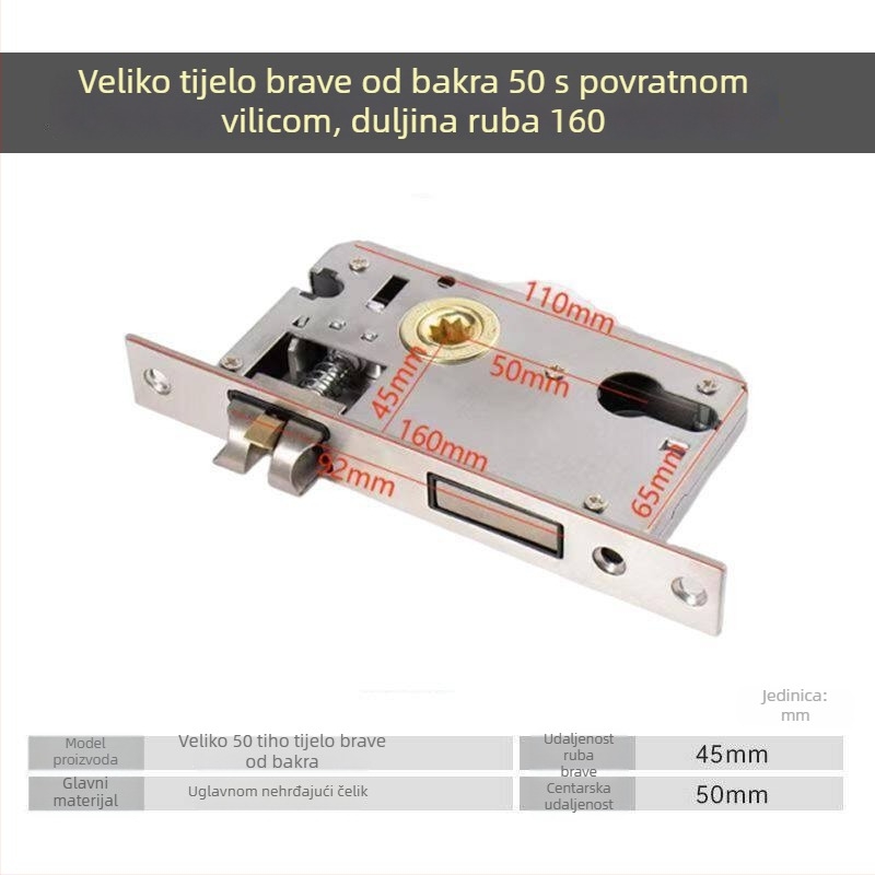 Set brave za drvena vrata, univerzalno kućište brave 50 mm, tihi nehrđajući čelični bolt 58 mm, jezgra brave i dodaci