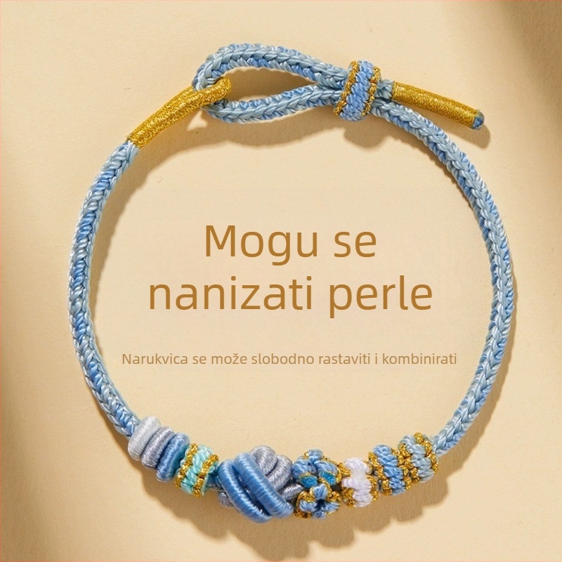 Unisex pletena narukvica od crvenog konca, DIY komad s pozlaćenim detaljem (polu završeno)