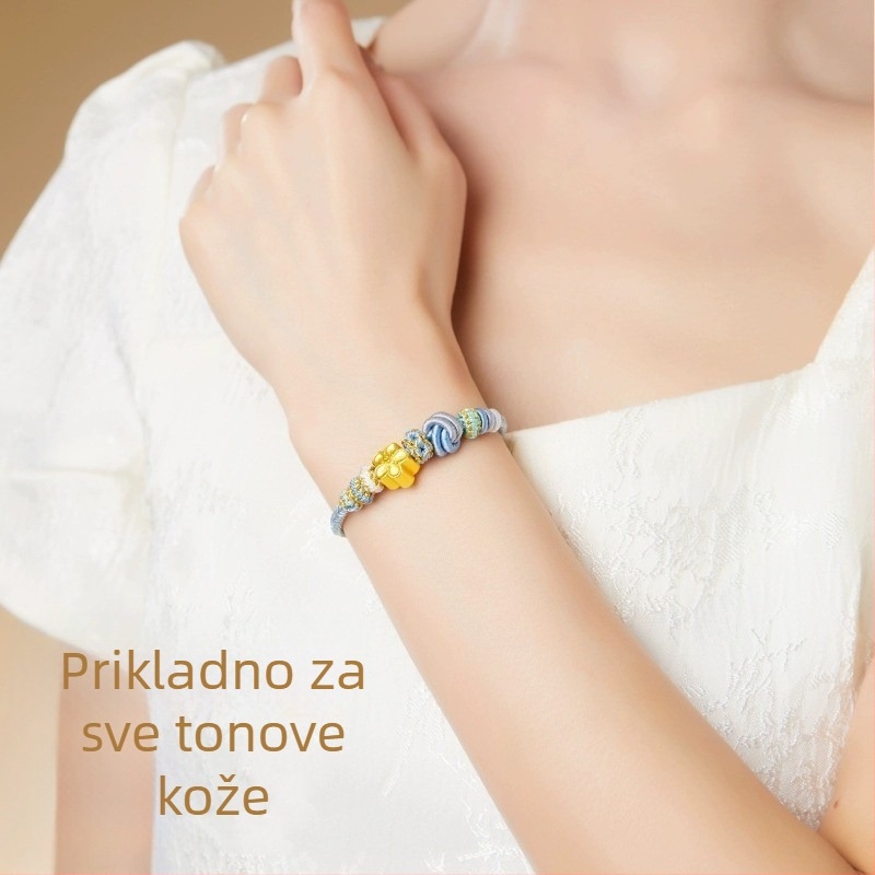 Unisex pletena narukvica od crvenog konca, DIY komad s pozlaćenim detaljem (polu završeno)