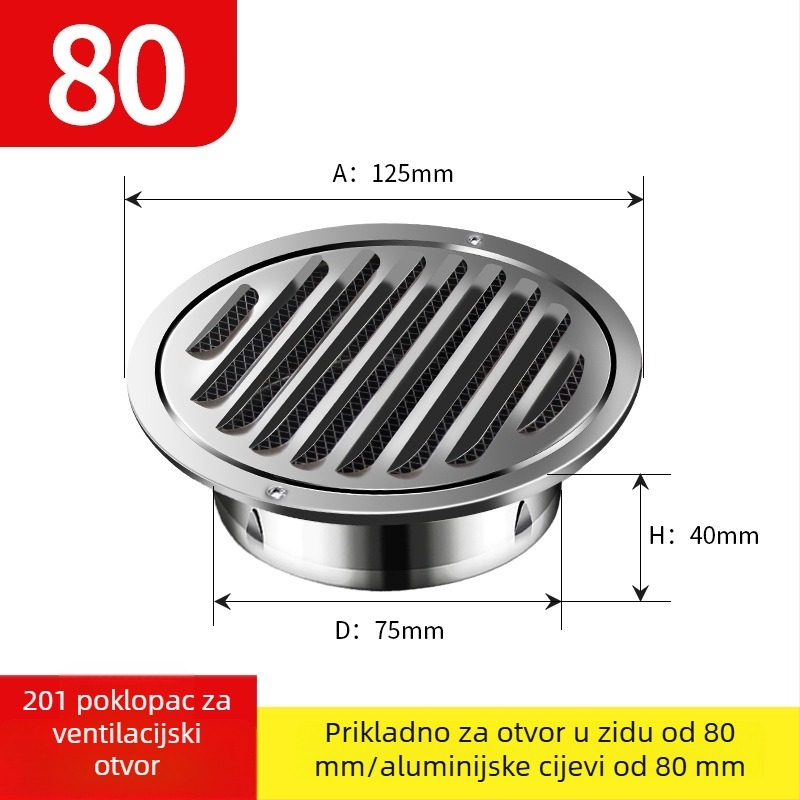 Crni lakirani nehrđajući čelik – ventilacijski poklopac s ispušnim poklopcem, okrugla rešetka, lamelne žaluzije, dišući poklopac