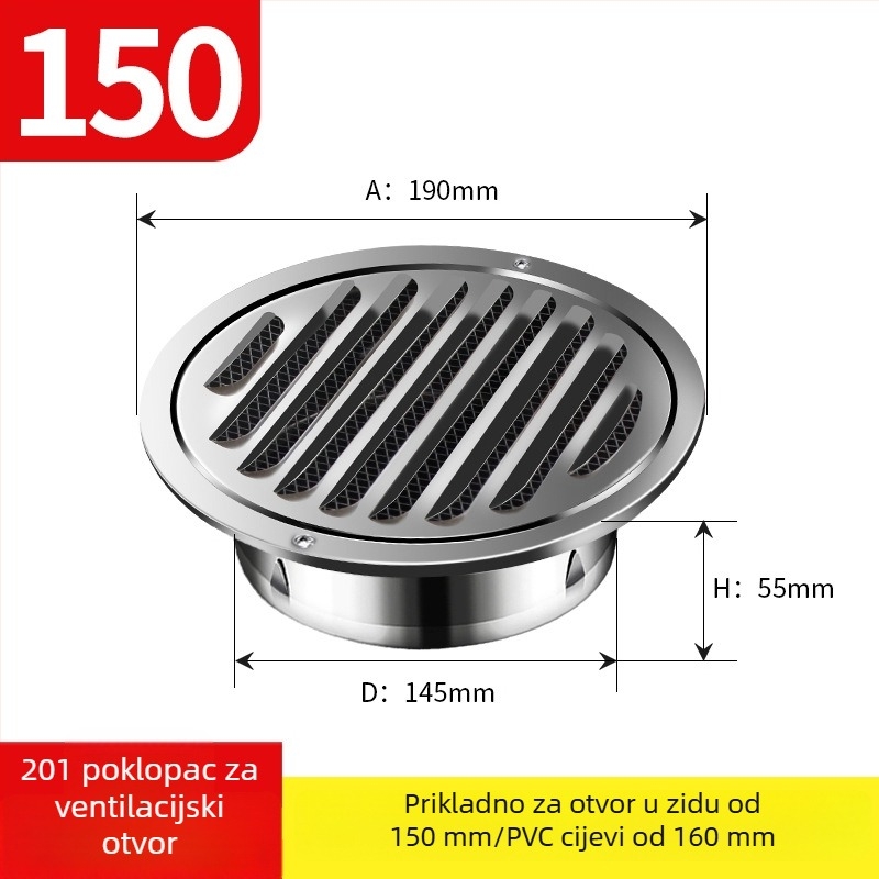 Crni lakirani nehrđajući čelik – ventilacijski poklopac s ispušnim poklopcem, okrugla rešetka, lamelne žaluzije, dišući poklopac