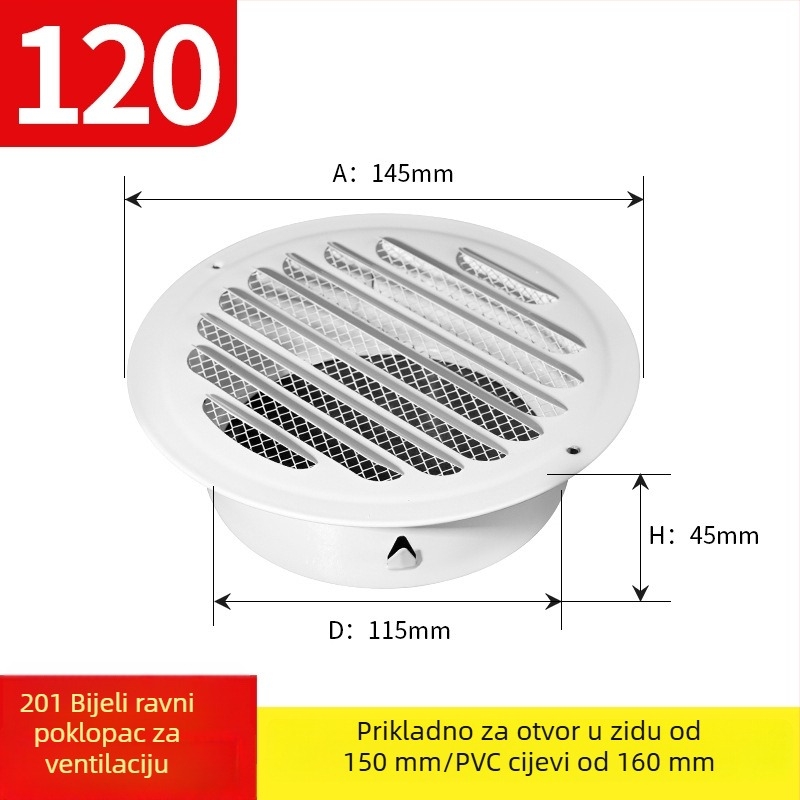 Crni lakirani nehrđajući čelik – ventilacijski poklopac s ispušnim poklopcem, okrugla rešetka, lamelne žaluzije, dišući poklopac