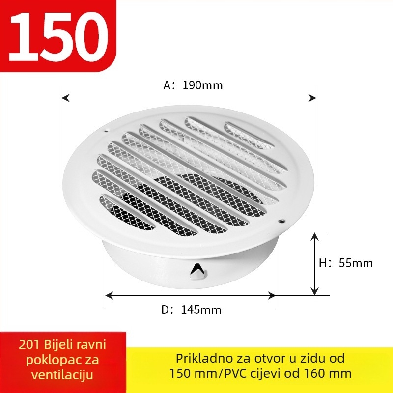 Crni lakirani nehrđajući čelik – ventilacijski poklopac s ispušnim poklopcem, okrugla rešetka, lamelne žaluzije, dišući poklopac