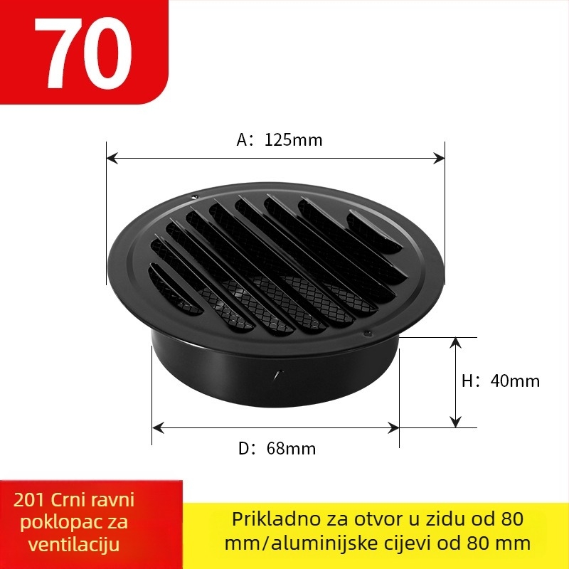 Crni lakirani nehrđajući čelik – ventilacijski poklopac s ispušnim poklopcem, okrugla rešetka, lamelne žaluzije, dišući poklopac
