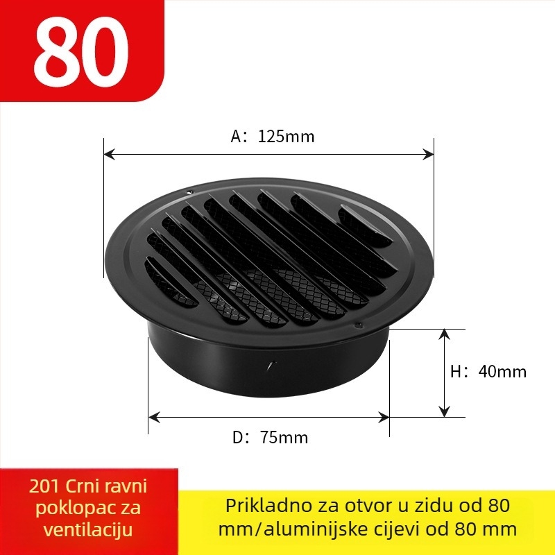 Crni lakirani nehrđajući čelik – ventilacijski poklopac s ispušnim poklopcem, okrugla rešetka, lamelne žaluzije, dišući poklopac