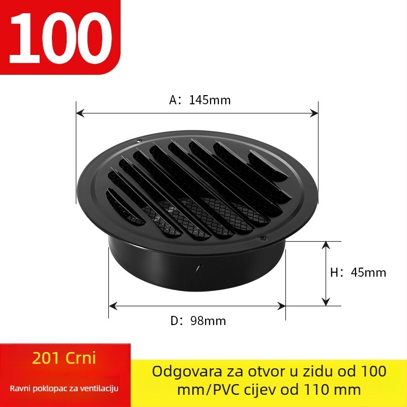 Crni lakirani nehrđajući čelik – ventilacijski poklopac s ispušnim poklopcem, okrugla rešetka, lamelne žaluzije, dišući poklopac