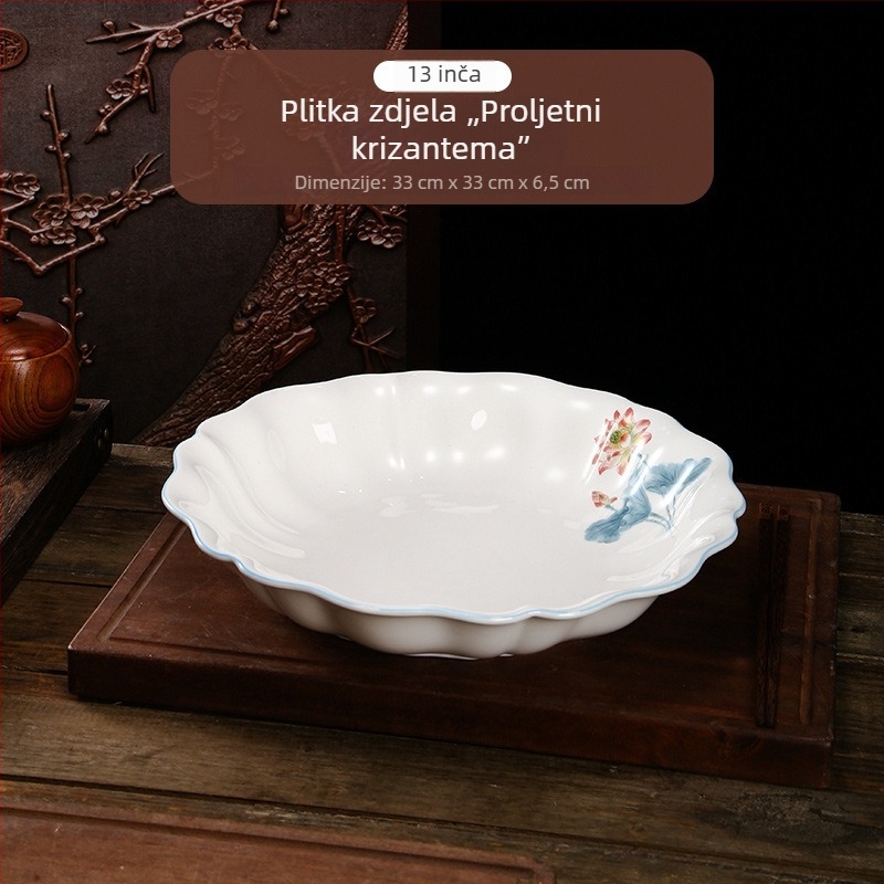 Lotus motiv keramičke zdjele za juhu i rezance, velike okrugle zdjele za riblja jela, pogodne za mikrovalnu