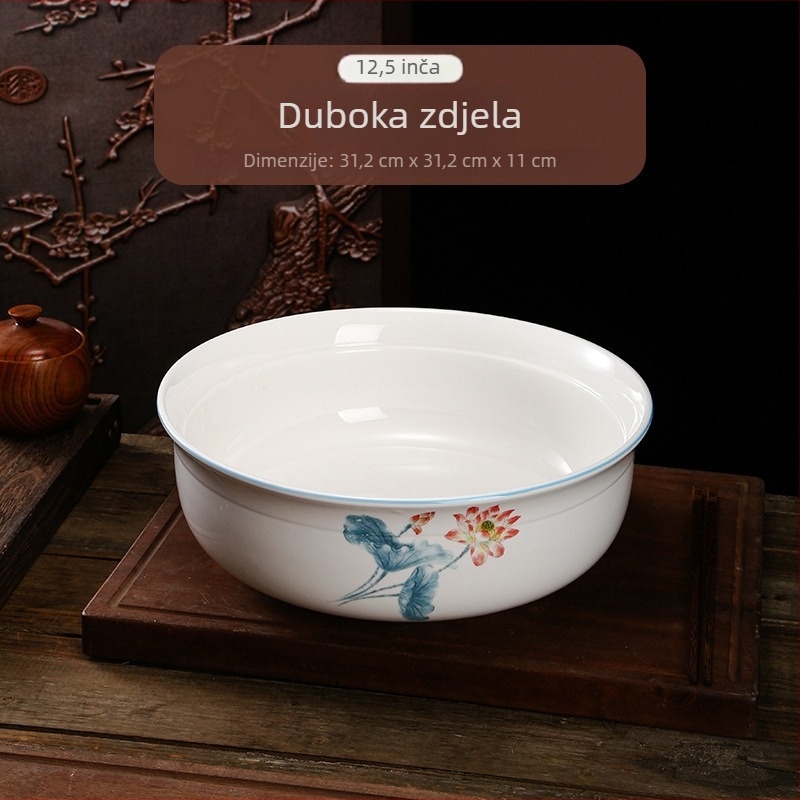 Lotus motiv keramičke zdjele za juhu i rezance, velike okrugle zdjele za riblja jela, pogodne za mikrovalnu