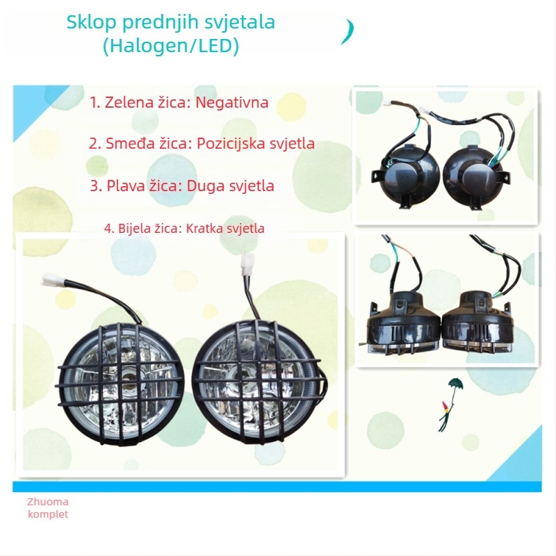 Eksterijer komplet za električni skuter: plastična kućišta, svjetlosni elementi, abazuri, sjedalo u obliku kante, jastuk za sjedenje, pedale, blatobran
