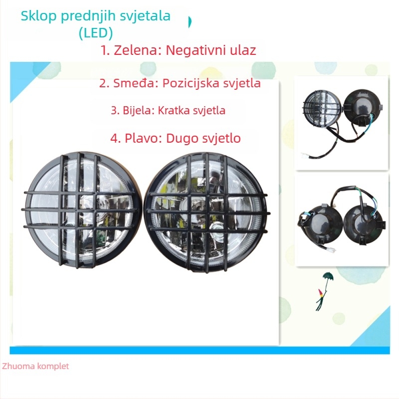 Eksterijer komplet za električni skuter: plastična kućišta, svjetlosni elementi, abazuri, sjedalo u obliku kante, jastuk za sjedenje, pedale, blatobran
