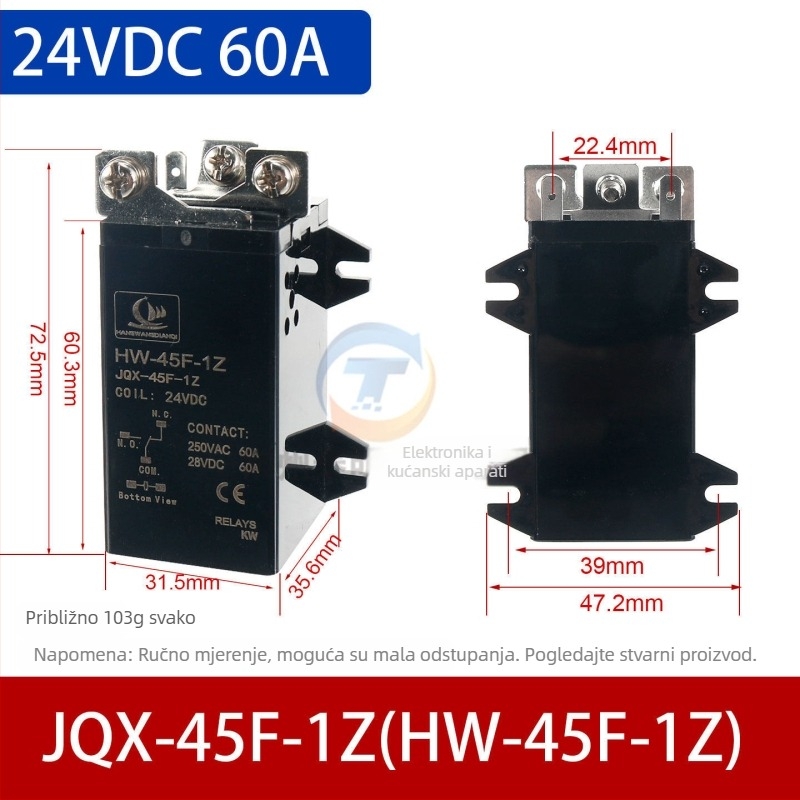 JQX-60F visokoučinkovito rele, 60A, zavojnica 12VDC ili 24VDC, kontakti 220VAC