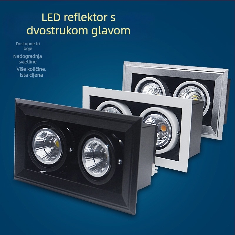 COB lampica s rešetkom, dvostruka glava, LED ugrađena, aluminijski kvadratni stropni panel, crna