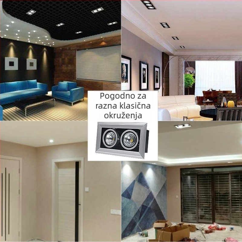 COB lampica s rešetkom, dvostruka glava, LED ugrađena, aluminijski kvadratni stropni panel, crna