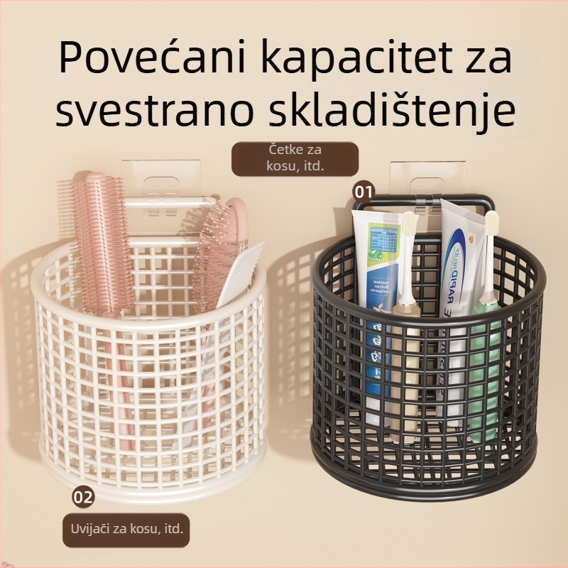 Zidni držač četkica za zube i čaše sa košarom za pohranu za kupaonicu — višenamjenski organizator