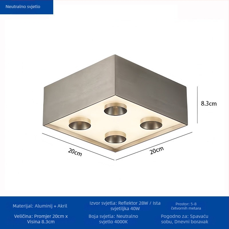 Bauhaus nadahnut retro LED downlight, površinski montiran, kvadratno plafonjera za dnevni boravak i spavaću sobu, aluminijsko kućište, difuzor acril, 220V, CRI≥95