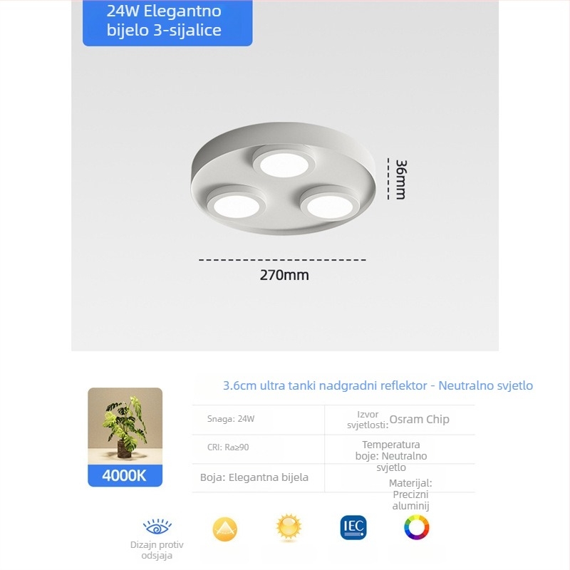 Ultra-tanki LED kružni stropni downlight, anti-bljesak, s tri glave, moderni minimalistički stil, površinska montaža, pogodna za spavaću sobu i dnevni boravak, bez središnje svjetiljke