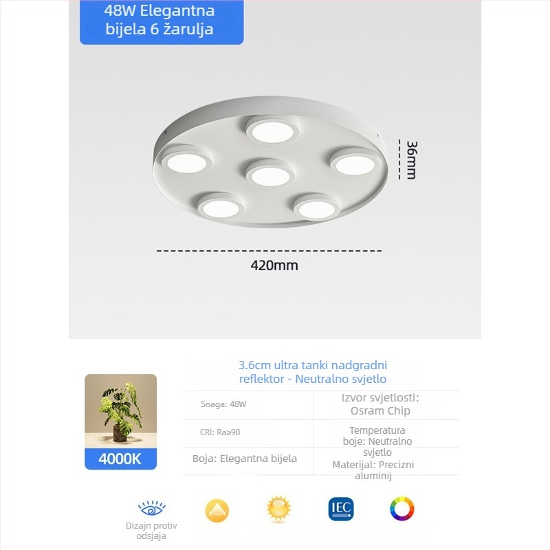 Ultra-tanki LED kružni stropni downlight, anti-bljesak, s tri glave, moderni minimalistički stil, površinska montaža, pogodna za spavaću sobu i dnevni boravak, bez središnje svjetiljke