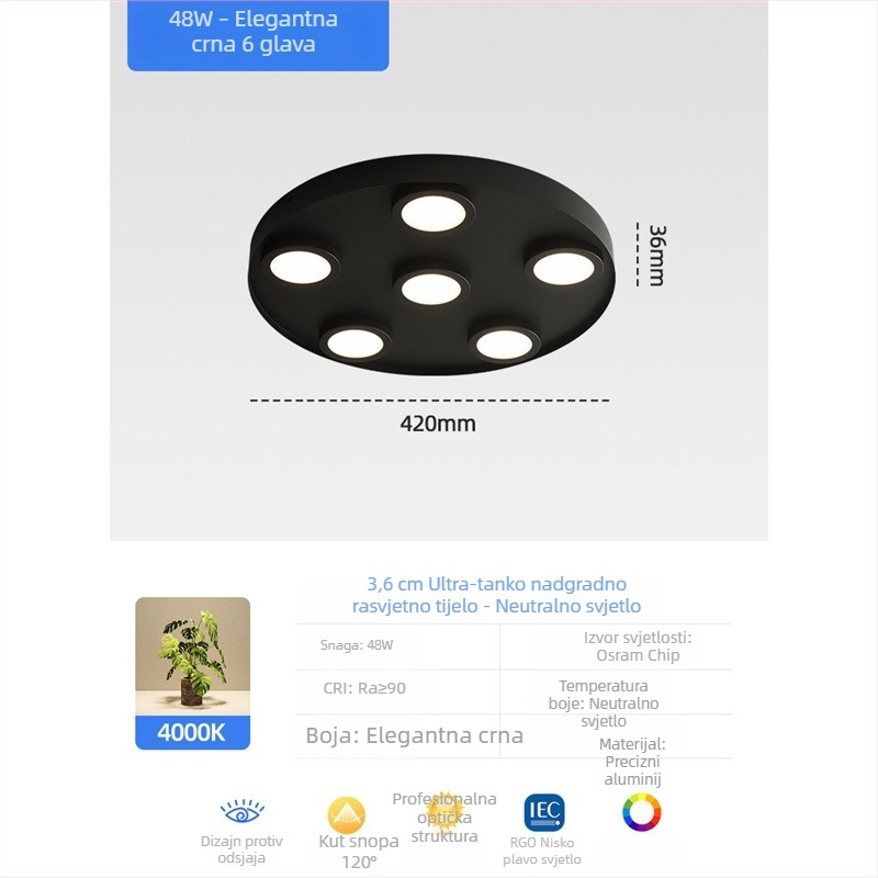 Ultra-tanki LED kružni stropni downlight, anti-bljesak, s tri glave, moderni minimalistički stil, površinska montaža, pogodna za spavaću sobu i dnevni boravak, bez središnje svjetiljke