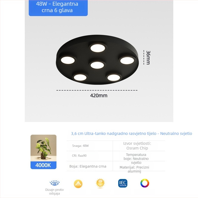 Ultra-tanki LED kružni stropni downlight, anti-bljesak, s tri glave, moderni minimalistički stil, površinska montaža, pogodna za spavaću sobu i dnevni boravak, bez središnje svjetiljke