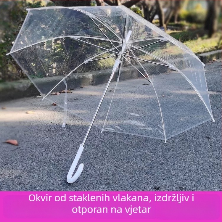 Prozirni kišobran za odrasle, velika veličina, ojačani vlaknasti okviri, proziran pokrov, otporan na vjetar i kišu, poluautomatsko otvaranje, mogućnost otiska loga