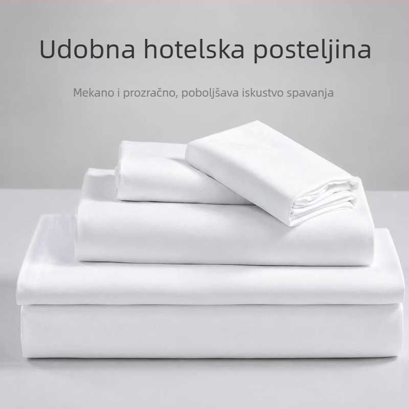 Bijeli saten plaht s prugama za hotele, poliestersko-pamukova smjesa, ekstra debela, veličina 180×230 cm