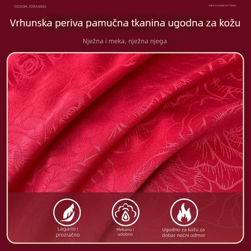 Premium 4-dijelni set posteljine za vjenčanje, crvene boje od opranog pamuka: navlaka za pokrivač, plahte (ravne plahte), plahte s gumom i posteljna suknja