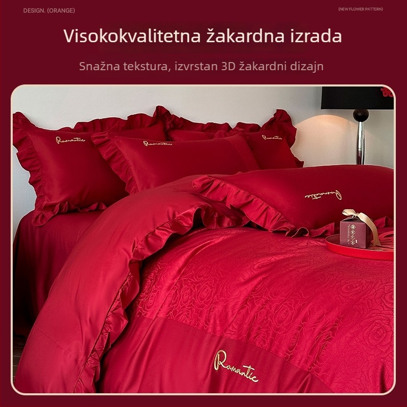 Premium 4-dijelni set posteljine za vjenčanje, crvene boje od opranog pamuka: navlaka za pokrivač, plahte (ravne plahte), plahte s gumom i posteljna suknja