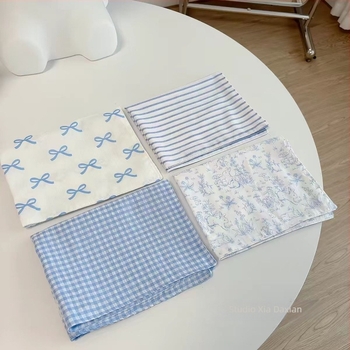 Plavi stolnjak od pamuka i lana u japansko–korejskom stilu, minimalistički karirani uzorak, pravokutnog oblika, za blagovaonicu, spavaću sobu ili dom.