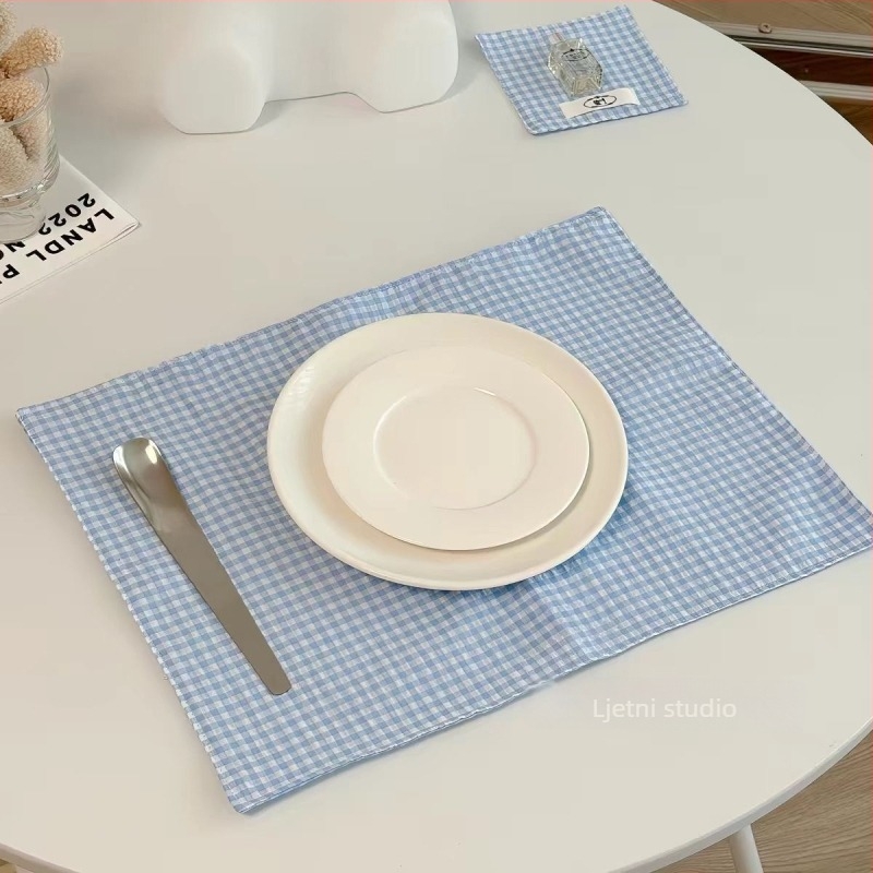 Plavi stolnjak od pamuka i lana u japansko–korejskom stilu, minimalistički karirani uzorak, pravokutnog oblika, za blagovaonicu, spavaću sobu ili dom.