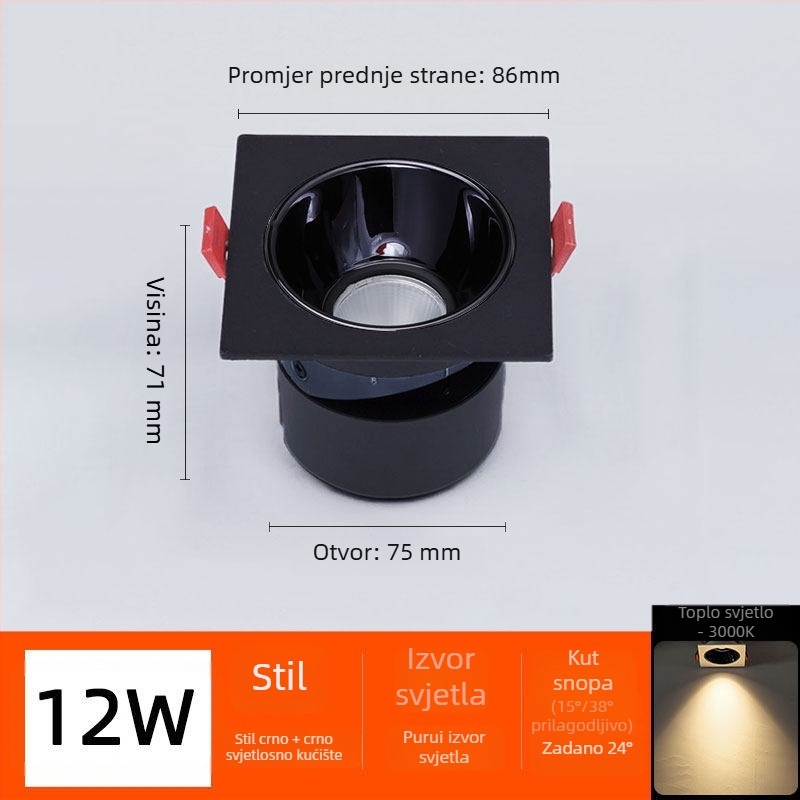 DALI protokol LED ugrađeni downlight s jednim glavom, anti-refleksno, 7W–12W, otvor 75 mm, rešetka 75 mm