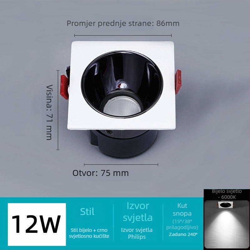 DALI protokol LED ugrađeni downlight s jednim glavom, anti-refleksno, 7W–12W, otvor 75 mm, rešetka 75 mm