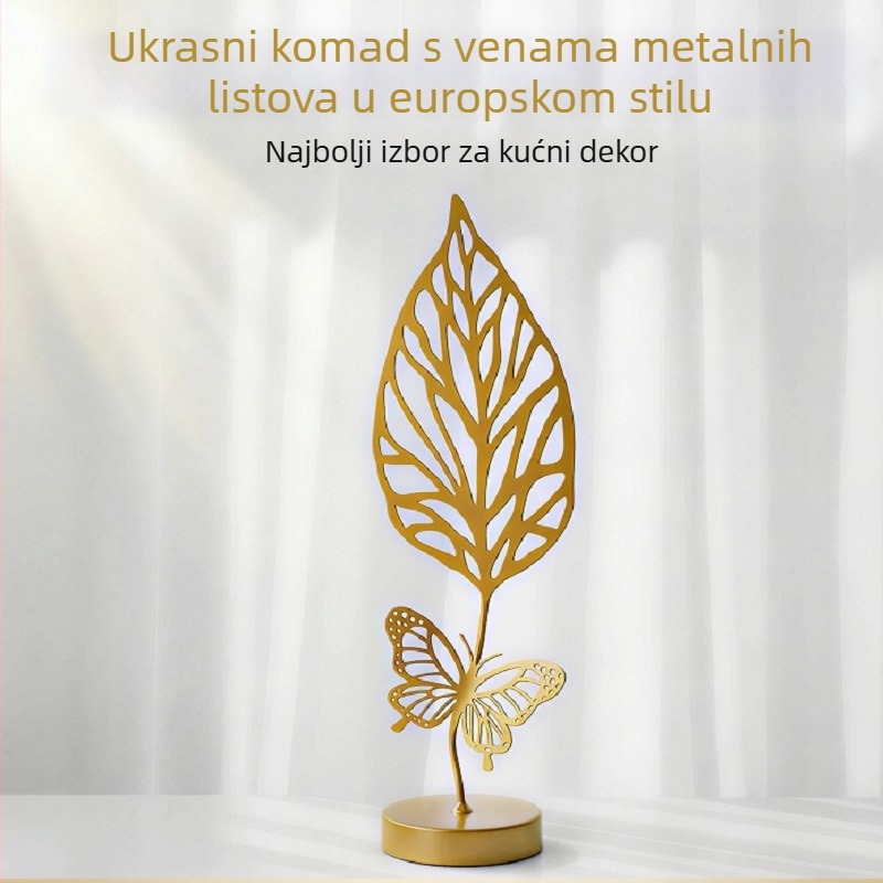 Skandinavski stil, željezni ukras sa zlatnim listom i drvenom bazom za stolni dekor