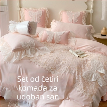 Pamukni četverodijelni set za dvostruki krevet, stil princeze, čipka s leptirima i vilama