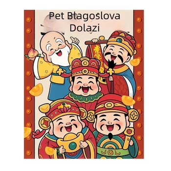 Križni šav: pet bogova bogatstva, zidna dekoracija u novokineskom stilu za dnevni boravak