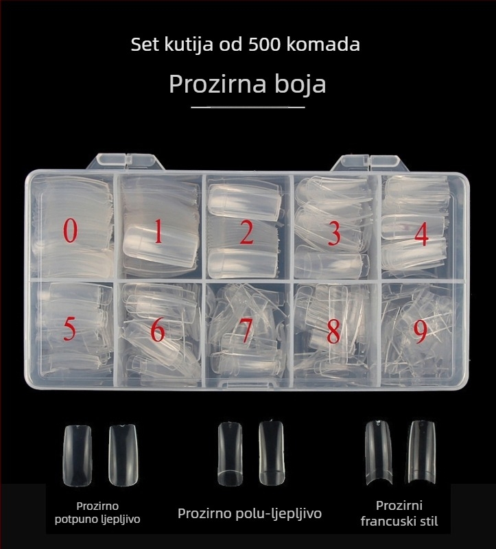 Kutija od 500 francuskih naljepnica za nokte, prirodna prozirna boja, polupokrivajući nokti