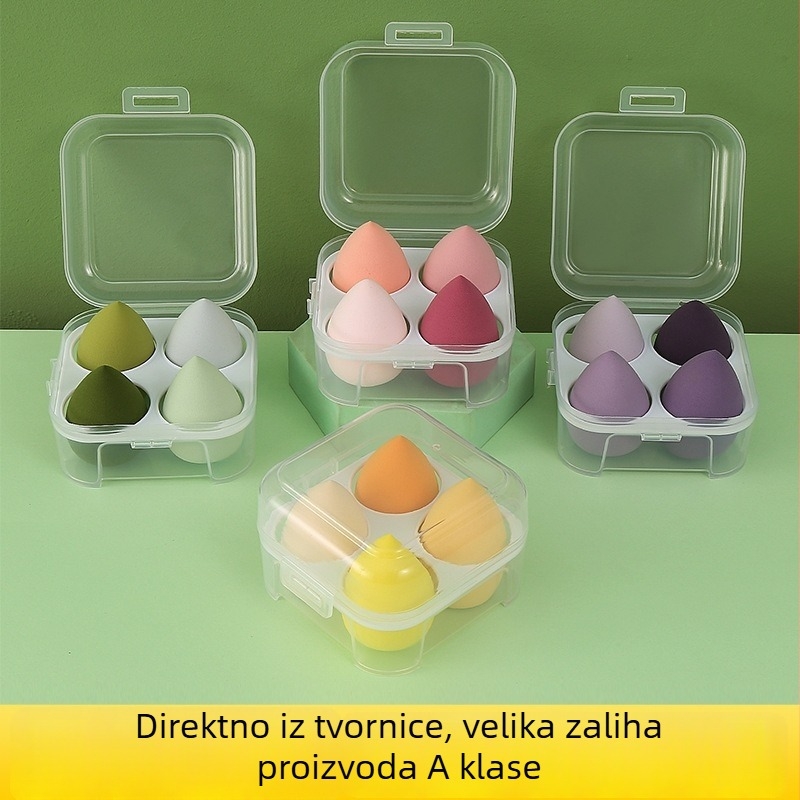 Spužvica za šminku u obliku jaja, bez lateksa, set od 4 komada, kutija za pohranu s četiri pretinca, za mokru i suhu upotrebu