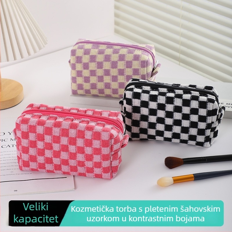 Kockasti pleteni kozmetička torbica, mekana vunena tkanina, torbica za pohranu kozmetike s kontrastnim bojama, prijenosiva s velikim kapacitetom