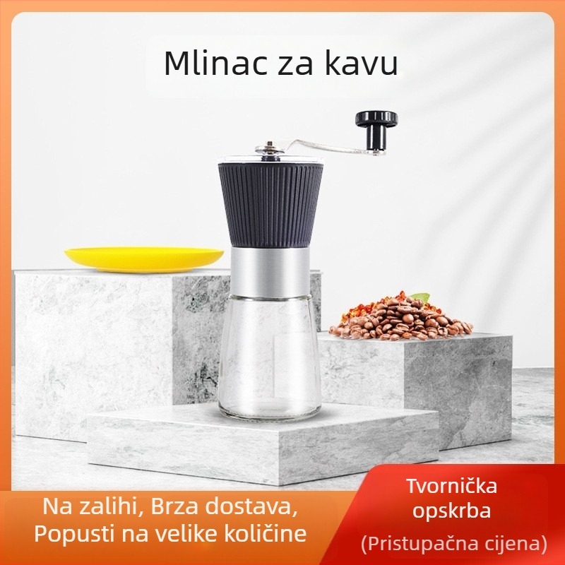 Ručni aparat za kavu s ručnim mlincem i nadograđenim keramičkim mlinom, četkica za čišćenje i vrećica za kapanje.