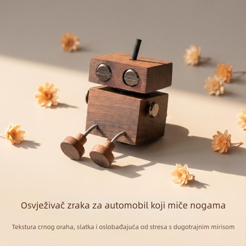 Automobilski aromatizator od crnog oraščića, robot s treperavim nogama, montiran na otvor za zrak — kreativna drvena dekoracija