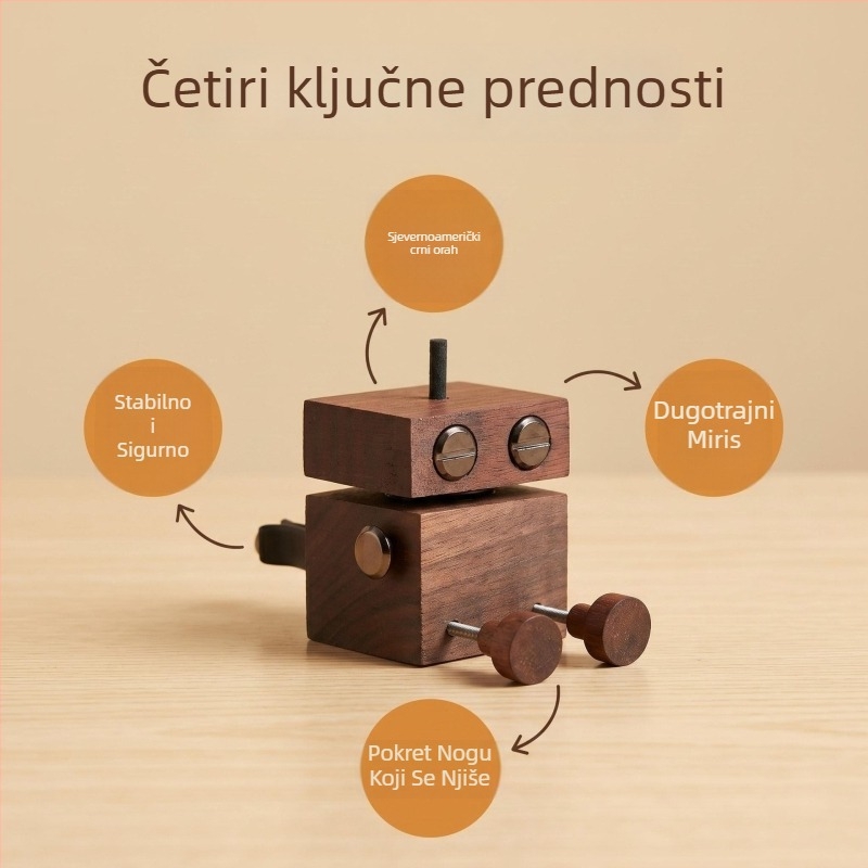 Automobilski aromatizator od crnog oraščića, robot s treperavim nogama, montiran na otvor za zrak — kreativna drvena dekoracija