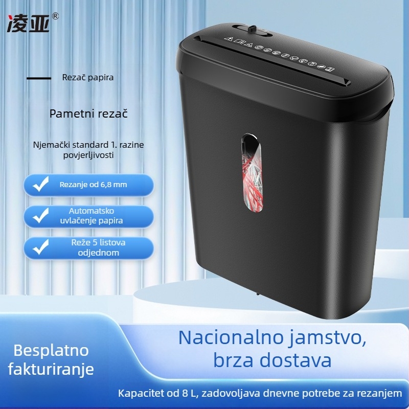 Lingya S616 automatski drti papira na trake za ured i dom, 6,8 mm, 5 listova, razina sigurnosti P-1, spremnik otpada 8–10 L, prilagodljivo