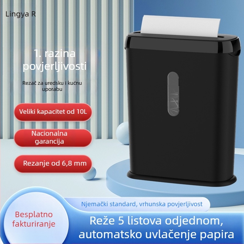 Lingya S616 automatski drti papira na trake za ured i dom, 6,8 mm, 5 listova, razina sigurnosti P-1, spremnik otpada 8–10 L, prilagodljivo