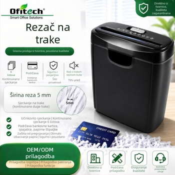 OS606S stroj za rezanje papira, 10L kapaciteta, kompaktan za kućnu i uredsku upotrebu, rezanje u trake, sigurnosni nivo P-2, 6 listova