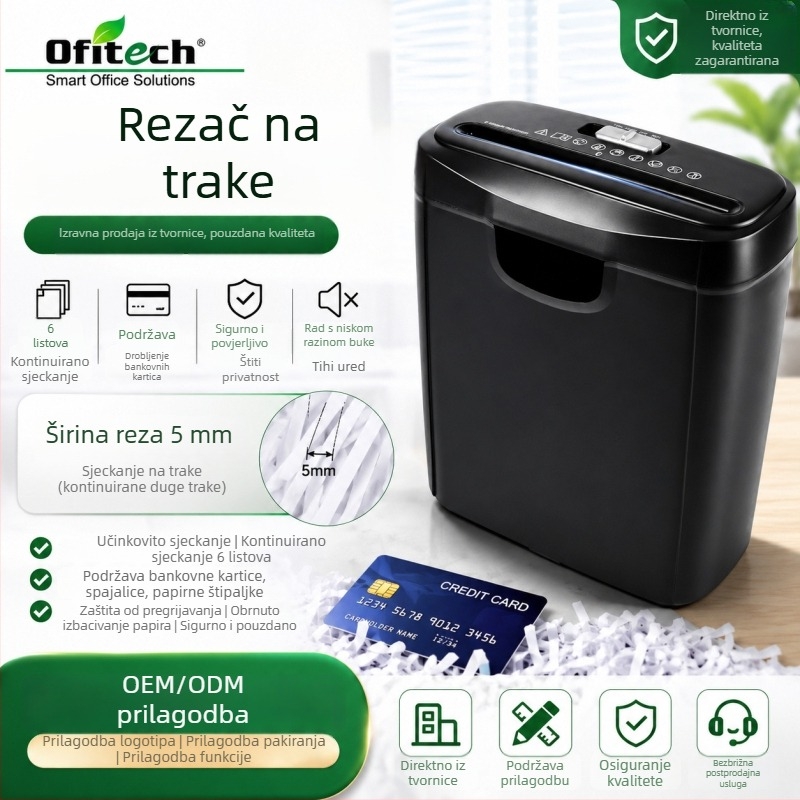 OS606S stroj za rezanje papira, 10L kapaciteta, kompaktan za kućnu i uredsku upotrebu, rezanje u trake, sigurnosni nivo P-2, 6 listova