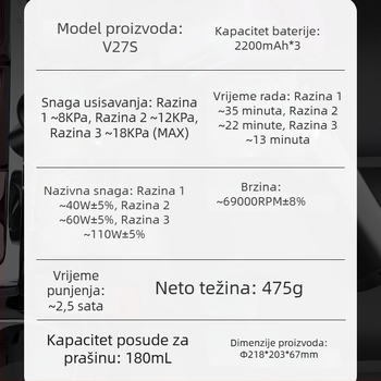 Prijenosni auto usisavač bez četkica, uklanjanje prašine i napuhivanje zraka, 4-u-1, mini usisavač za auto V27S